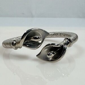 QVC Bypass Bracelet Calla Lily Bangle Silver Tone Stainless Steel T&T Size 6.5